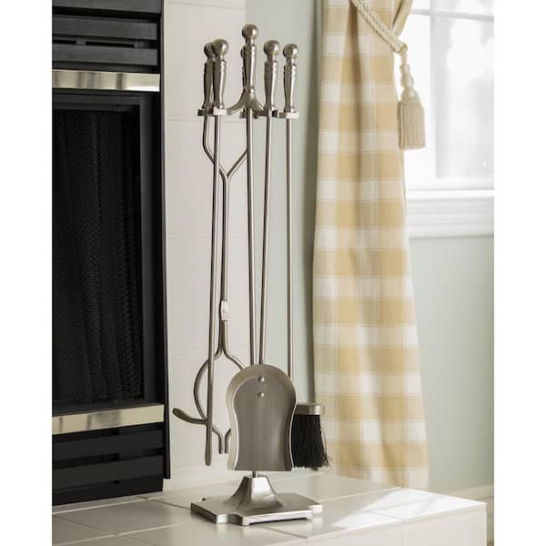 Satin Pewter Finish Steel 5-Piece Fireplace Tool Set with Heavy Weight Construction