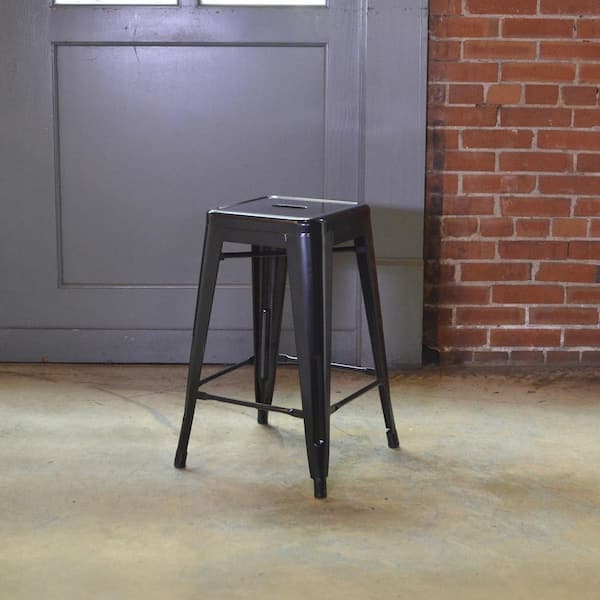 24 in. Black Metal, Backless, Stackable Bar Stool (Set of 3)