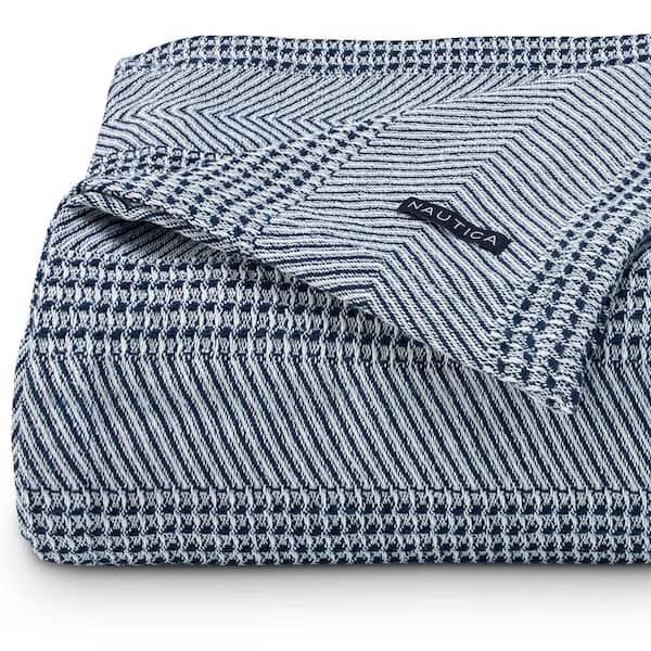 Chevron Stripe Navy Cotton Blanket, Twin