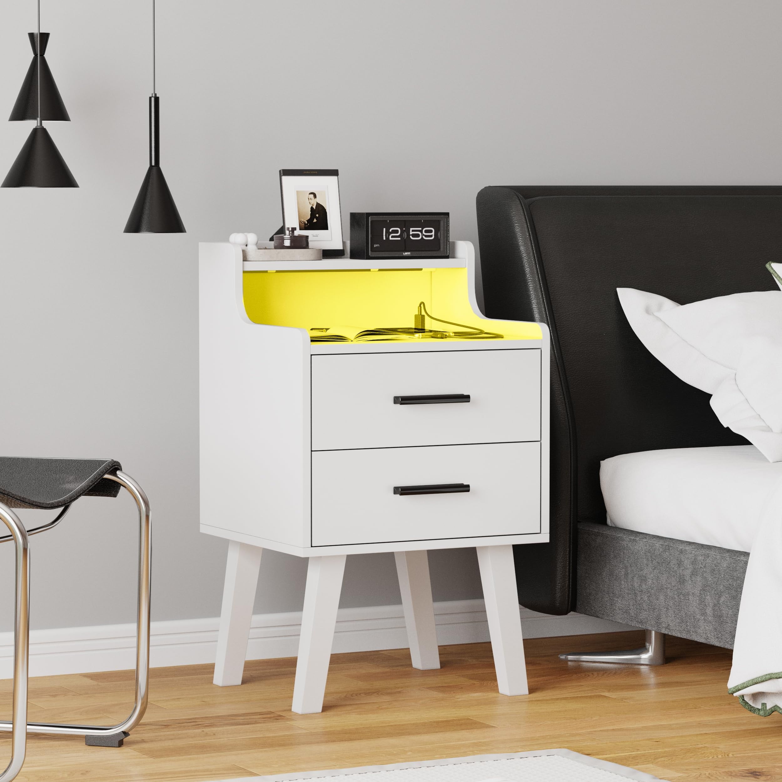 VEANERWOOD White Nightstand with Charging Station, Night Stand Set 2 with Drawers& LED Lights, Bedside Tables with Legs, Modern nightstands for Bedroom