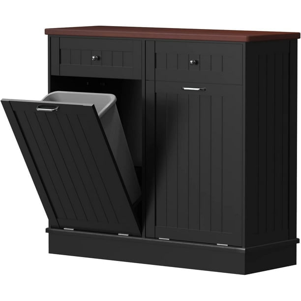 Tolead Double Tilt Out Trash Cabinet 10 Gallon Wooden Free Standing Laundry Sorter Cabinet,Recycling Cabinet with Hideaway Drawer,Tilt Out Trash Cabinet Can Bin Kitchen,Black