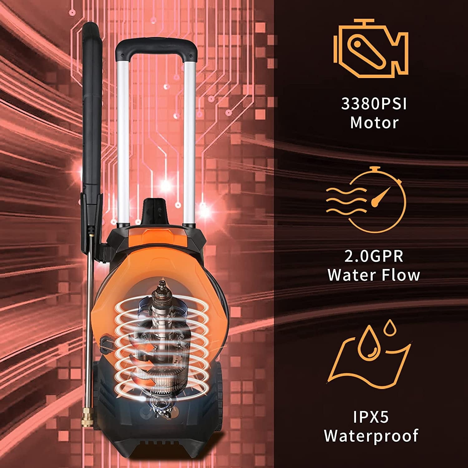 Vebreda 3300 PSI Electric Pressure Washer for Cars Homes Driveways Patios Orange