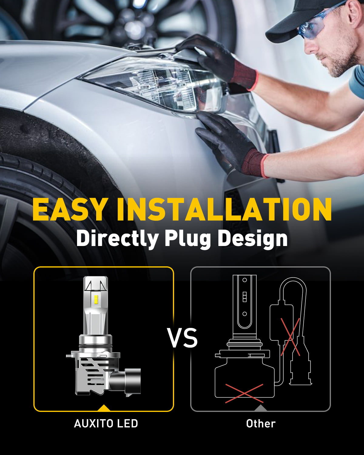 AUXITO 9006 LED Headlight Bulbs, 12000LM Per Set 6500K Xenon White HB4 Wireless 9006 Low Beam Headlight Bulb, Pack of 2