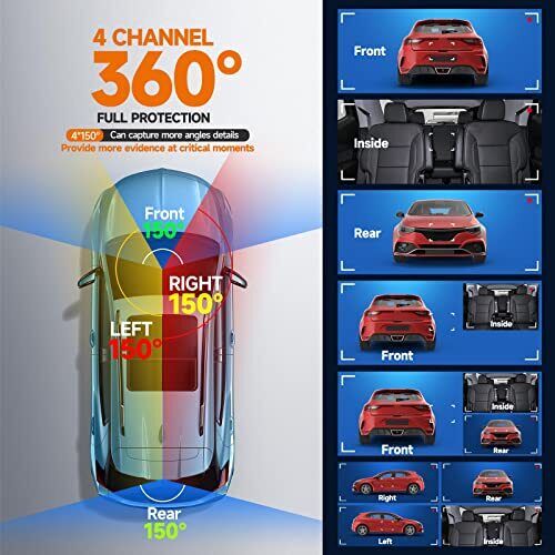 V7 360° Dash Cam, 4 Channel Quad Camera FHD 1080P*4 Front, Left, Right, and R...