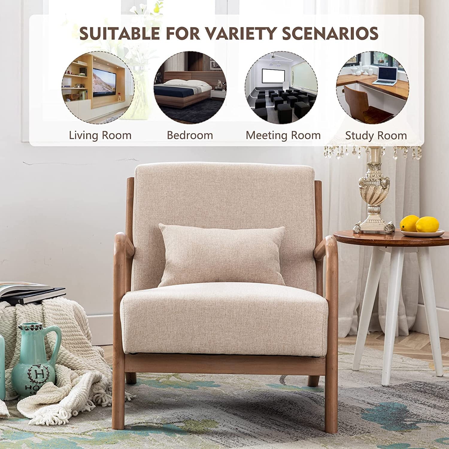 Bonzy Home Mid Century Modern Accent Chair, Single Fabric Lounge Reading Armchair with Solid Wood Frame, Easy Assembly Arm Chairs for Living Room, Beige