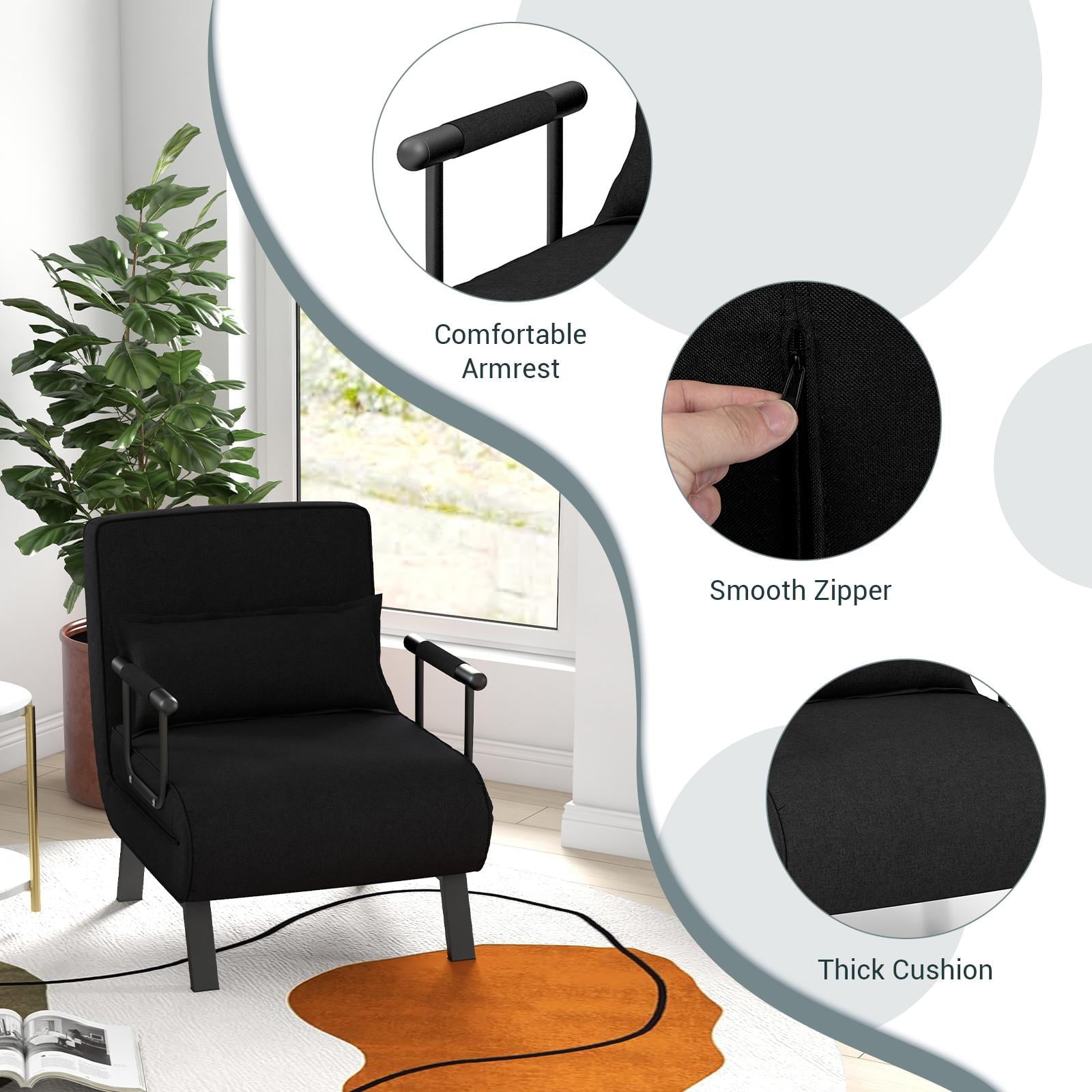 Giantex Convertible Sofa Chair Bed, Leisure Recliner Sleeper w/ 6 Adjustable Position Backrest into Lounge Seat, Folding Sofa Bed w/High Elastic Sponge, Durable Steel, Ideal for Home, Office (Black)