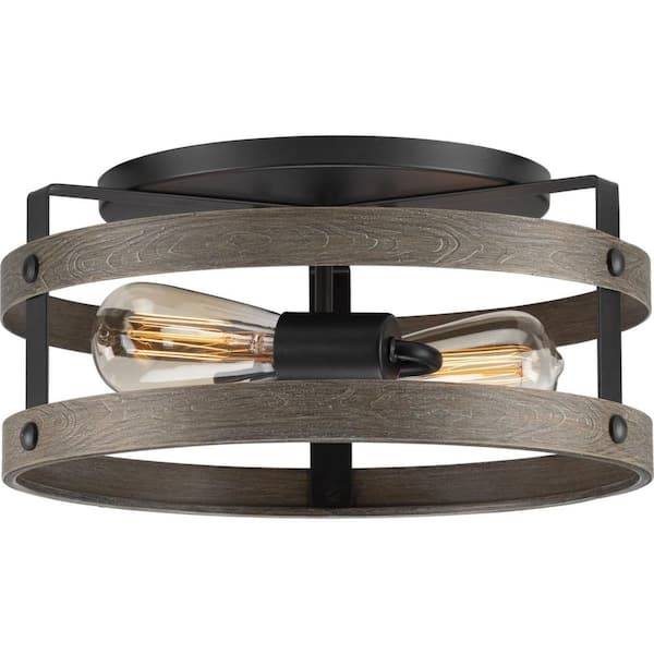 Gulliver 22 in. 2-Light Graphite and Weathered Driftwood Farmhouse Flush Mount Ceiling Light