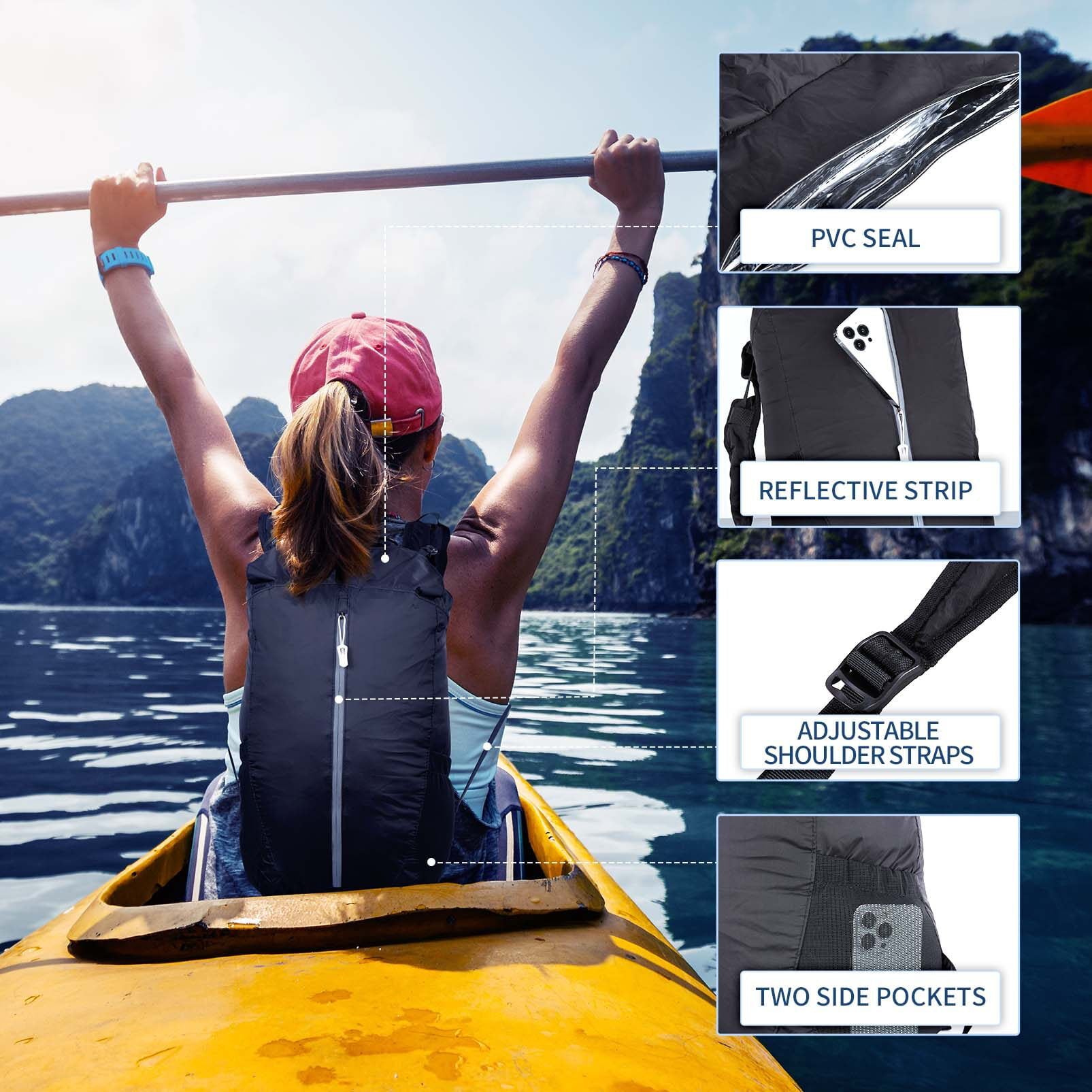 Vbiger Waterproof Dry Bags Set of 3 with Cellphone Bag Waist Bag, 20 Ltr Floating Dry Backpack Compression Sacks for Swimming, Kayak, Rafting and Boating, Black