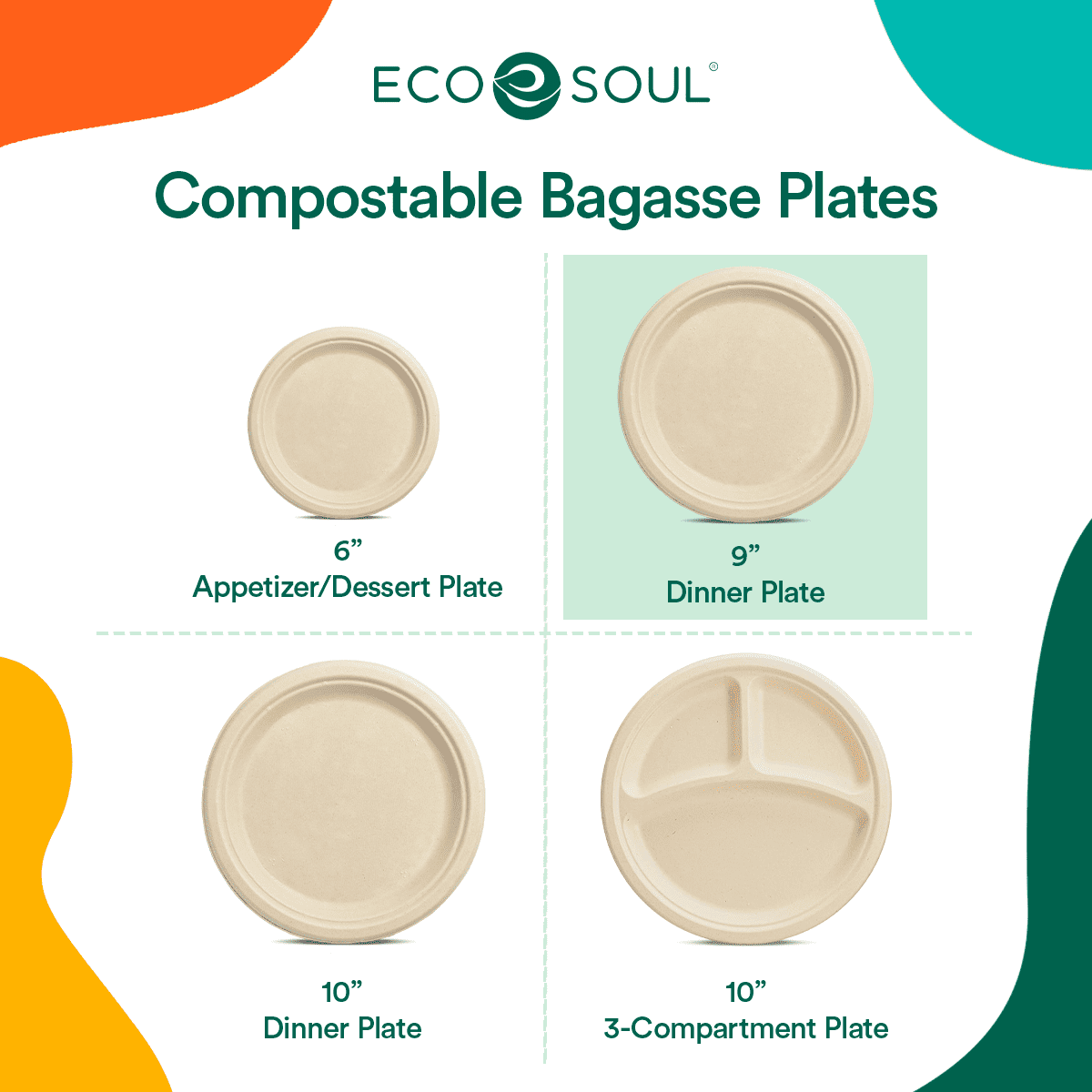 ECO SOUL 100% Compostable 9 Inch Bagasse Paper Plates, 50 Counts | Heavy-Duty Disposable Plates | Eco-Friendly Made of Sugarcane Fibers-Natural Unbleached Biodegradable Plates