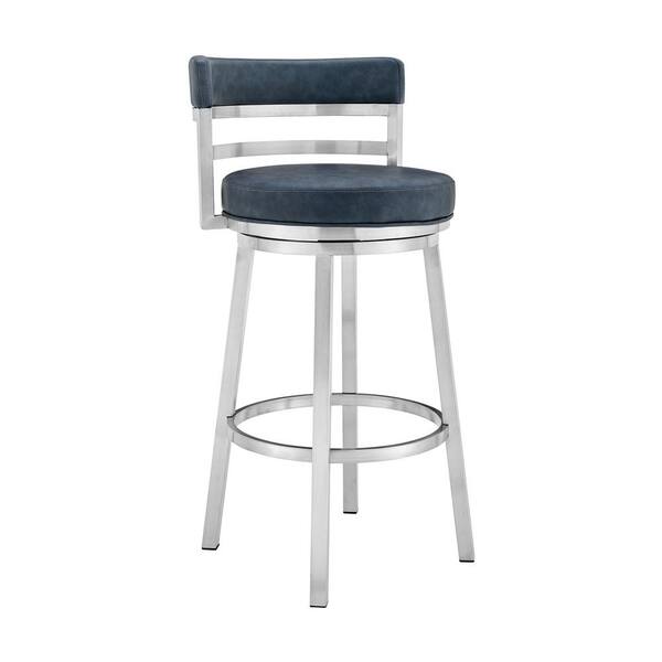 Madrid Contemporary 26 in. Counter Height Barstool in Brushed Stainless Steel Finish and Blue Faux Leather