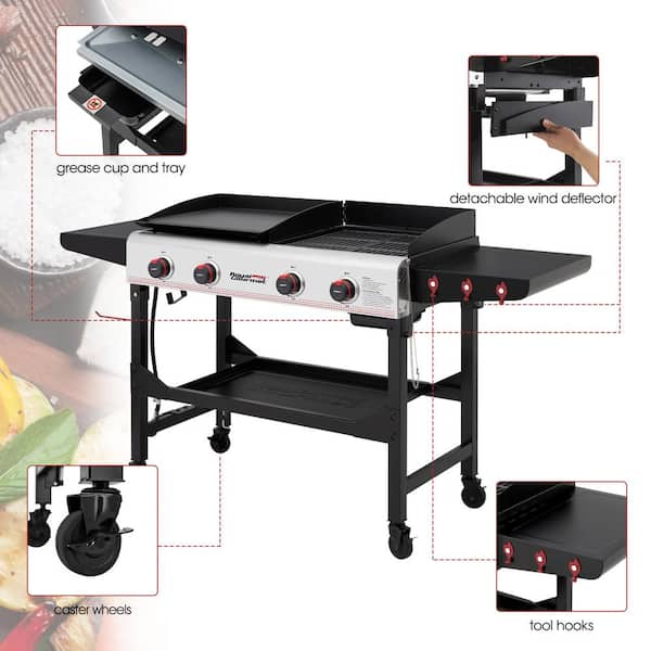 4-Burner 48,000 BTU Portable Flat Top Gas Grill and Griddle Combo Grill in Black with Folding Legs for Outdoor Cooking