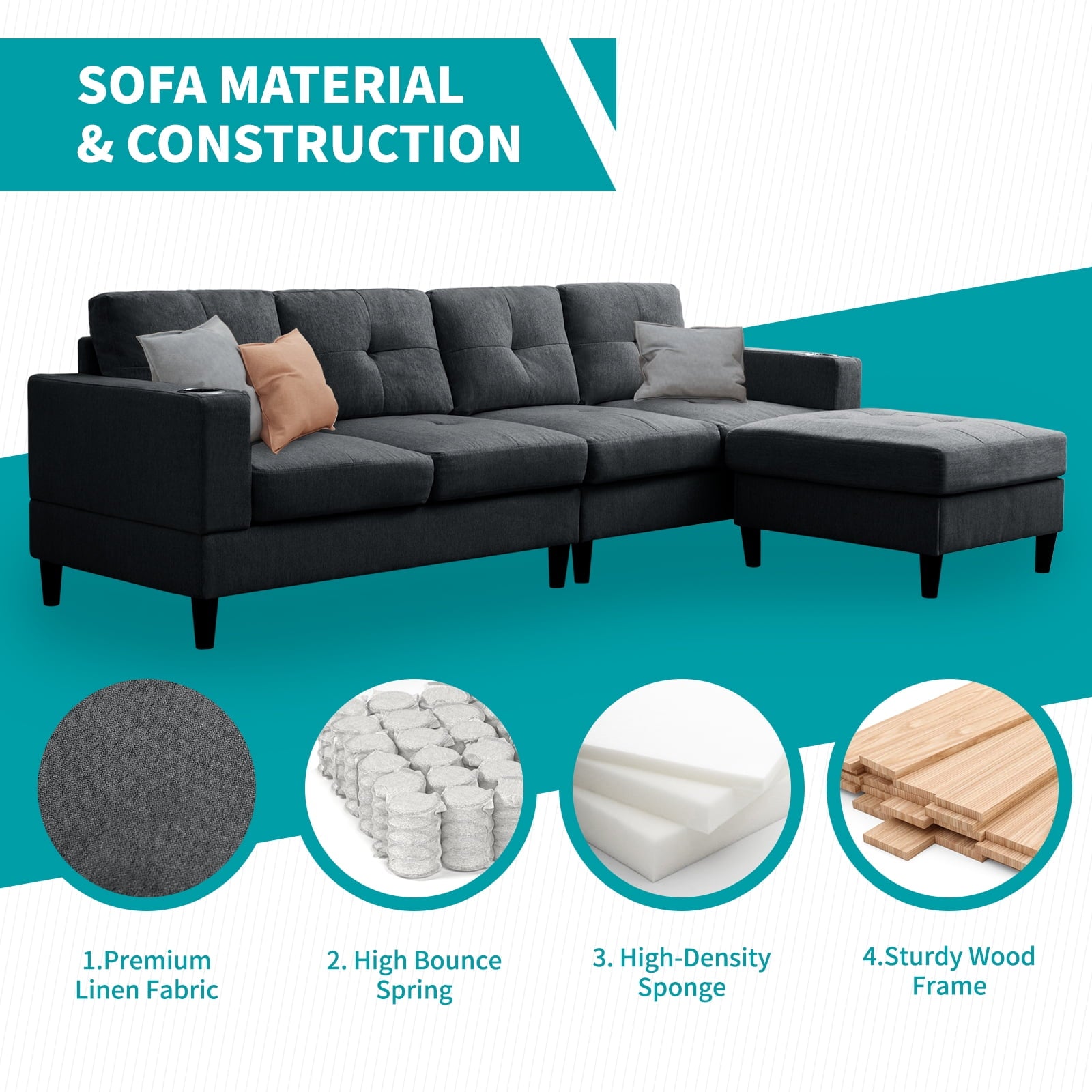 Mjkone Reversible Sectional Sofa, 4 Seat L-Shape Sofa Couches for Living Room, Convertible Sectional Couch with Reversible Chaise, Modular Sectional Couch with 2 Cup Holders for Apartment, Dark Grey