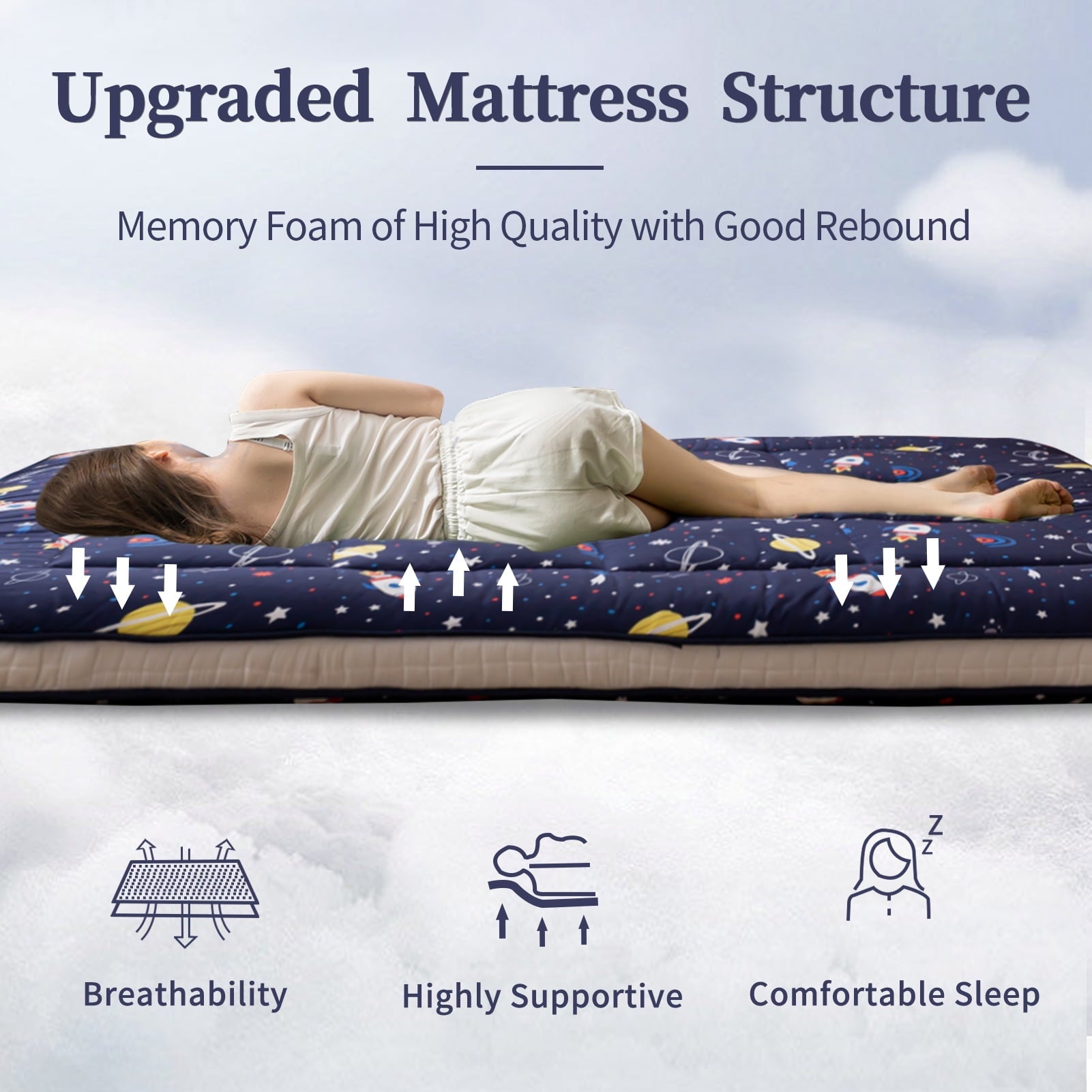 Thick Futon Floor Mattress, Memory foam Padded Japanese Floor Mattress, Navy Space, Twin