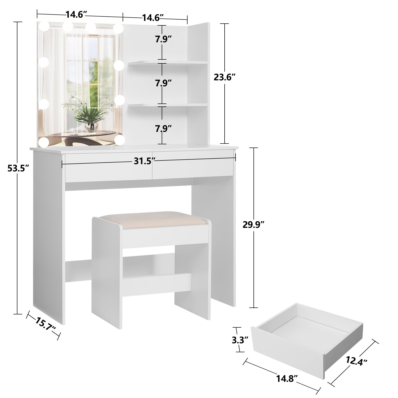 USIKEY Vanity Table Set for Gift with 10 Hollywood Style Lights, Dressing Vanity Table with 2 Long Shelves and 2 Big Drawers, Makeup Table with Cushioned Stool for Women, Girls, Bedroom, White