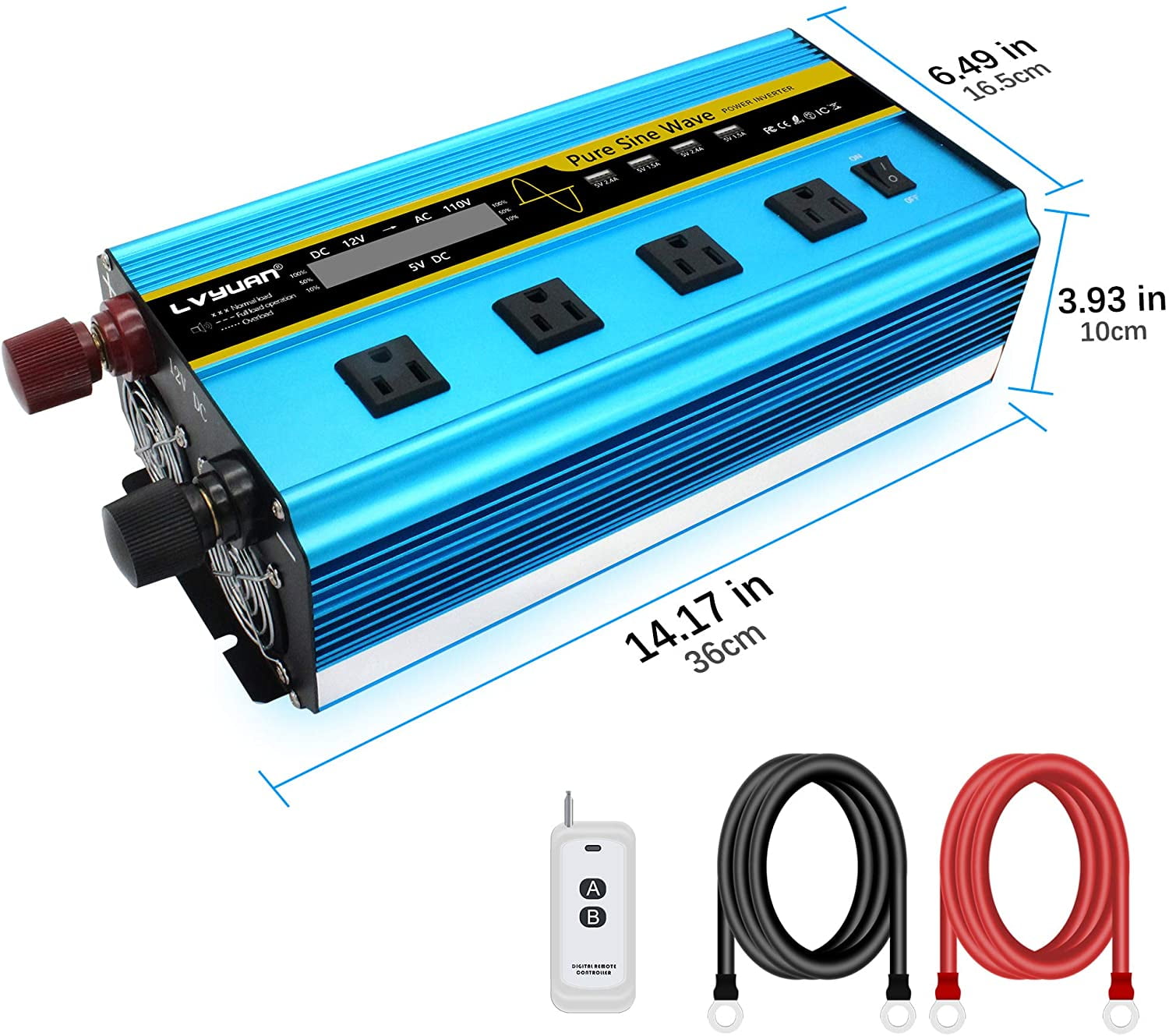 LVYUAN 3000 Watts Pure Sine Wave Power Inverter DC 12V to AC 110V 120V Converter 4USB 4AC LCD Remote Control