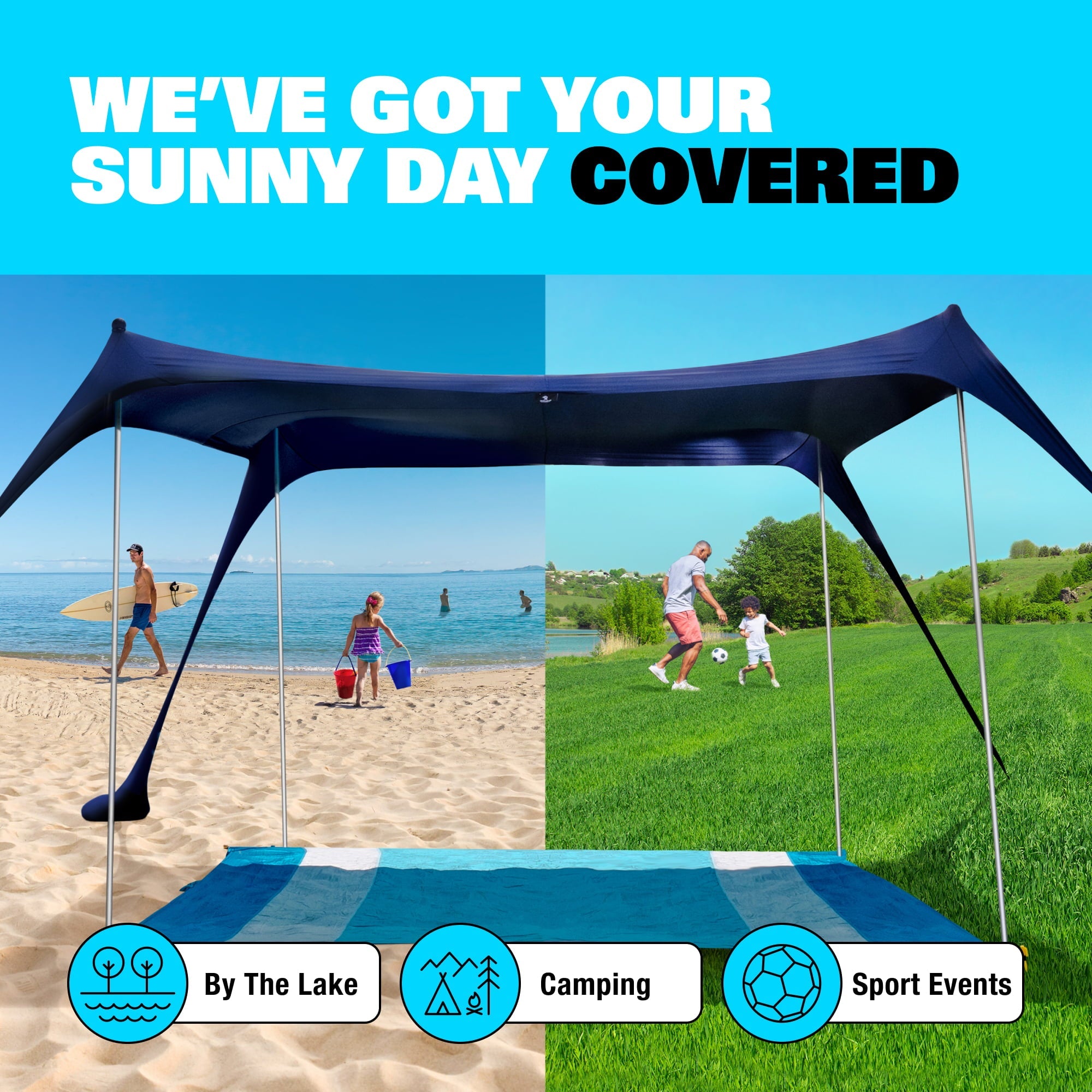 SUN NINJA Pop Up Turquoise Beach Tent UPF50+ with Shovel, Pegs & Stability Poles