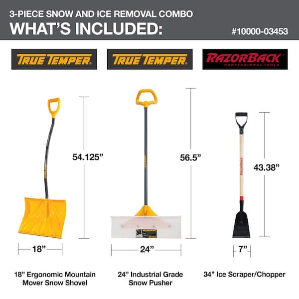 3-Piece Snow and Ice Removal Combo with Shovel, Pusher, and Scraper Garden Tool Set