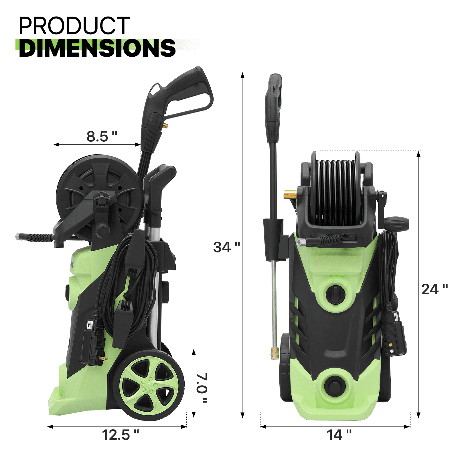 Magshion Electric Pressure Washer, 2180 PSI, Max. 1.5 GPM Power Washer with 19.5 ft Hose, 4 Nozzles, Foam Cannon and Hose Reel, for Patios Cars Fences Driveways, Green