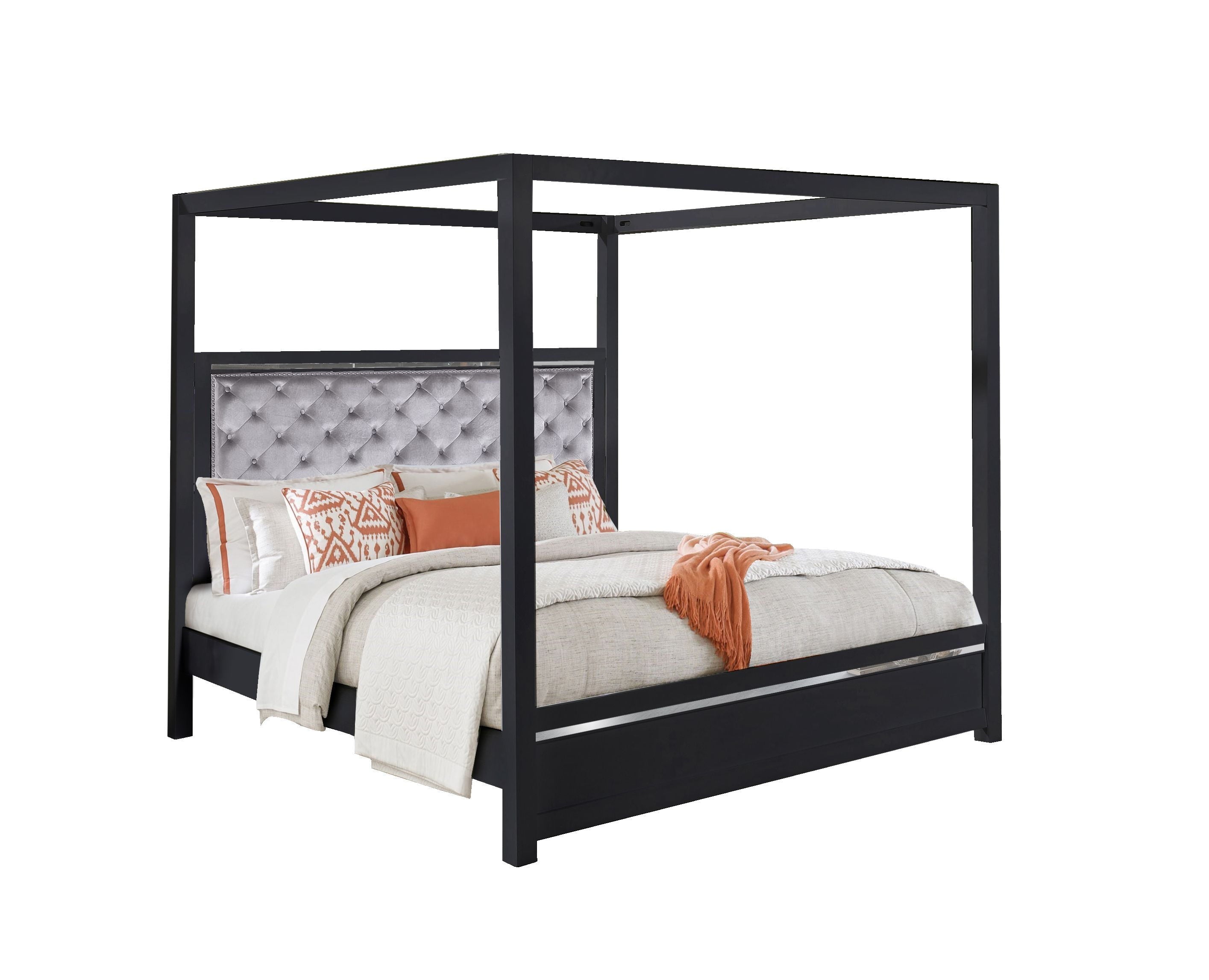 Canopy Glam Bedframe with Tufted Headboard & LED Lights, Queen