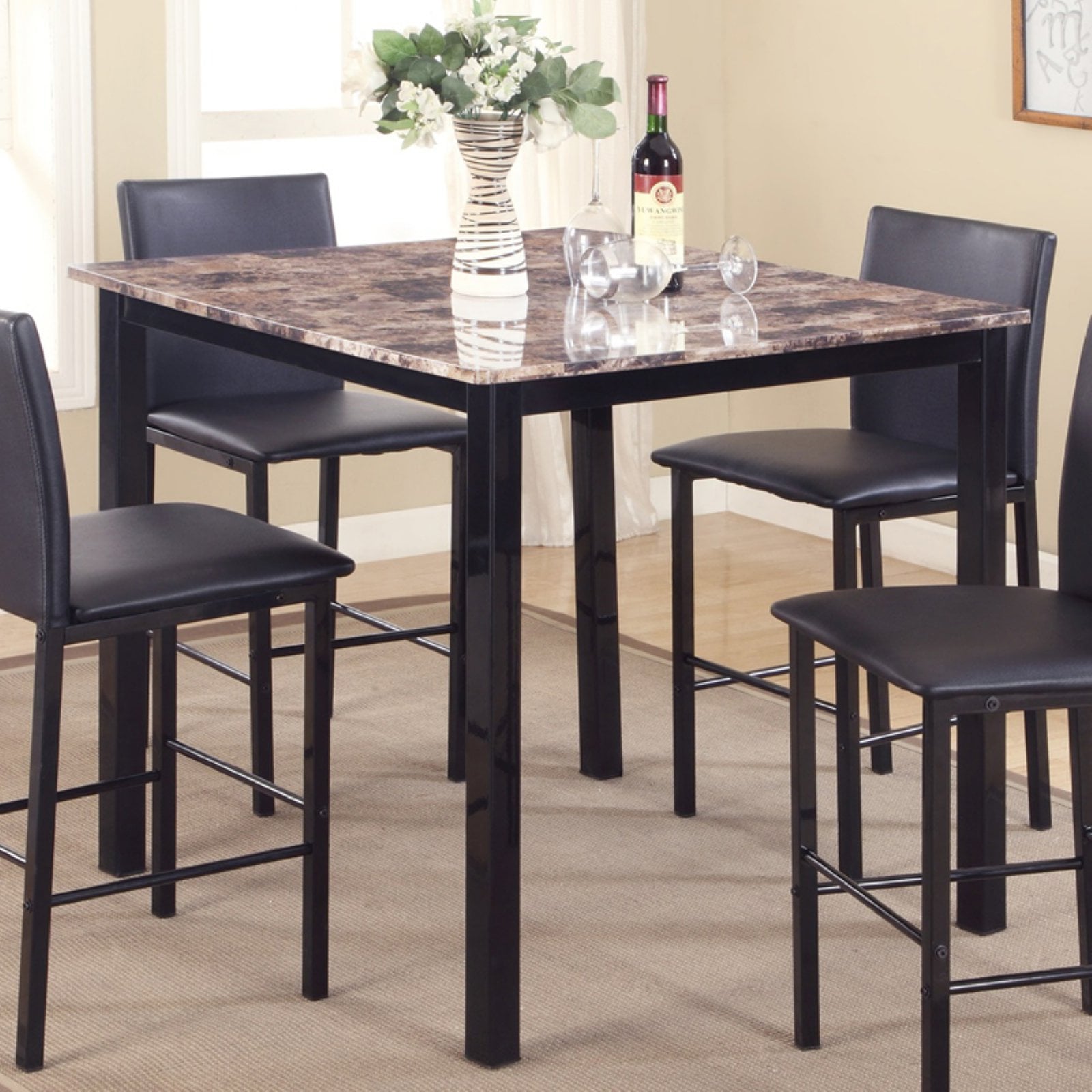 Roundhill Citico Metal Counter Height Dining Table with Laminated Faux Marble Top, Black