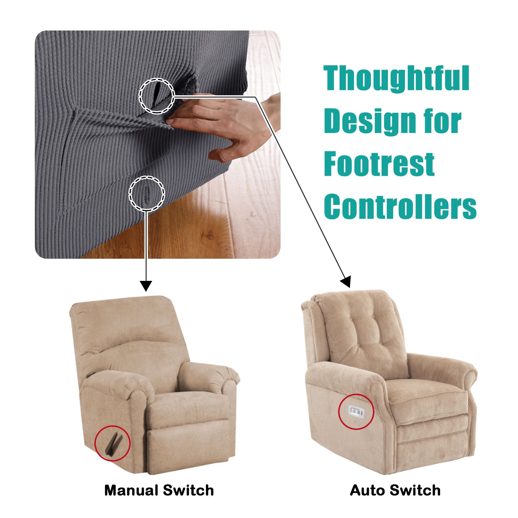 Turquoize Stretch Recliner Cover Jacquard Sofa Slipcover with Side Pockets, Gray