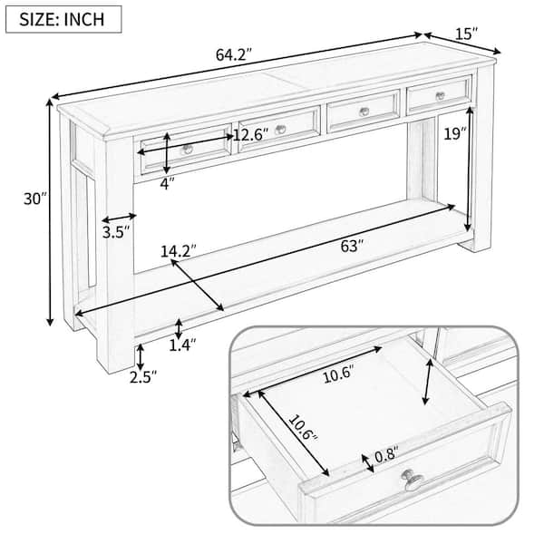64.2 in. Navy Standard Rectangle Wood Console Table with 4-Storage Drawers and Bottom Shelf