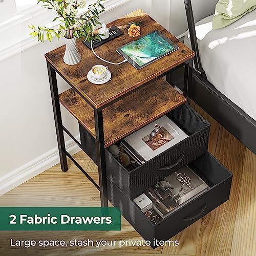 END TABLE with Charging Station Drawer Nightstand Bedside Rustic Brown HUUGER