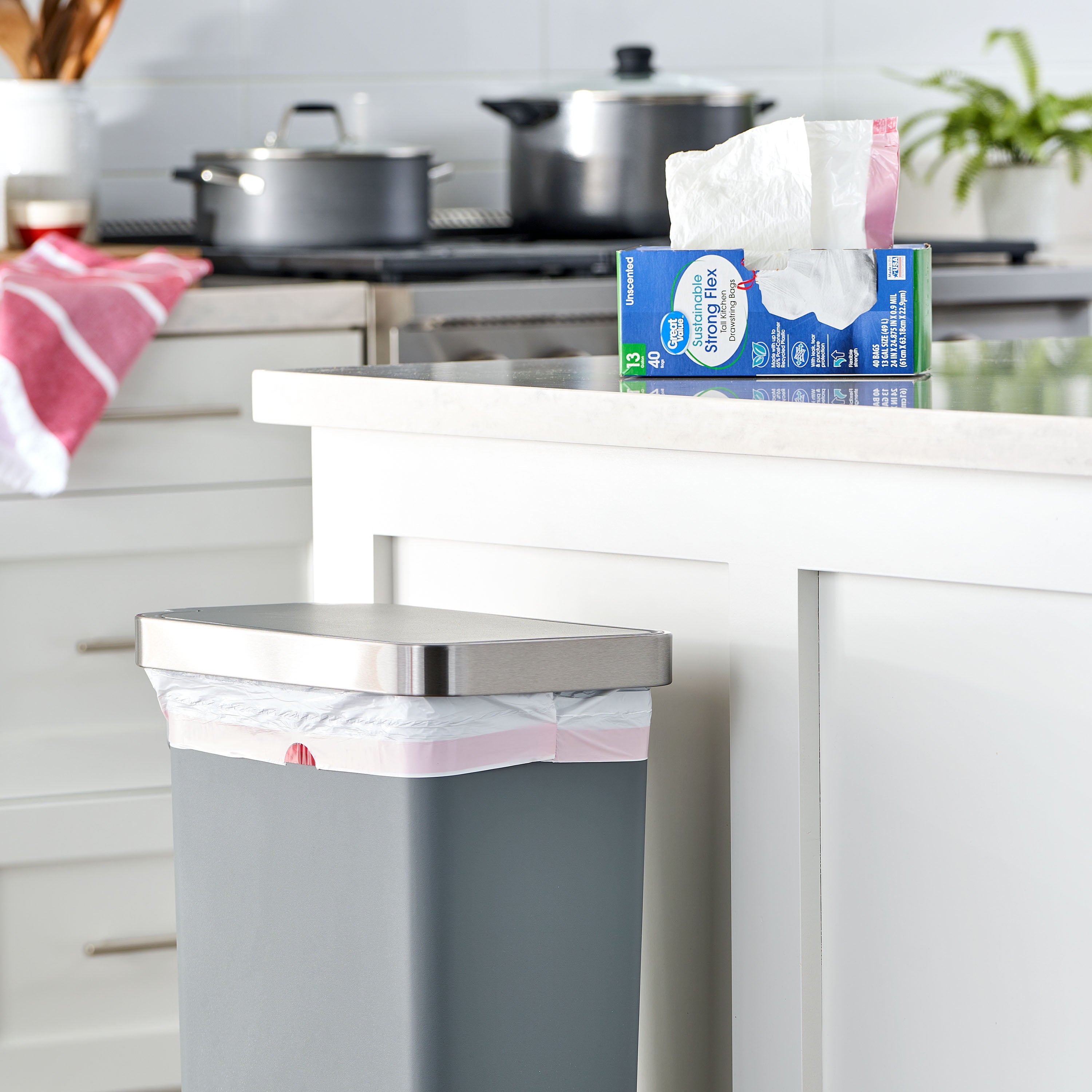 Great Value Sustainable Strong Flex 13-Gallon Drawstring Tall Kitchen Trash Bags, 40 Bags