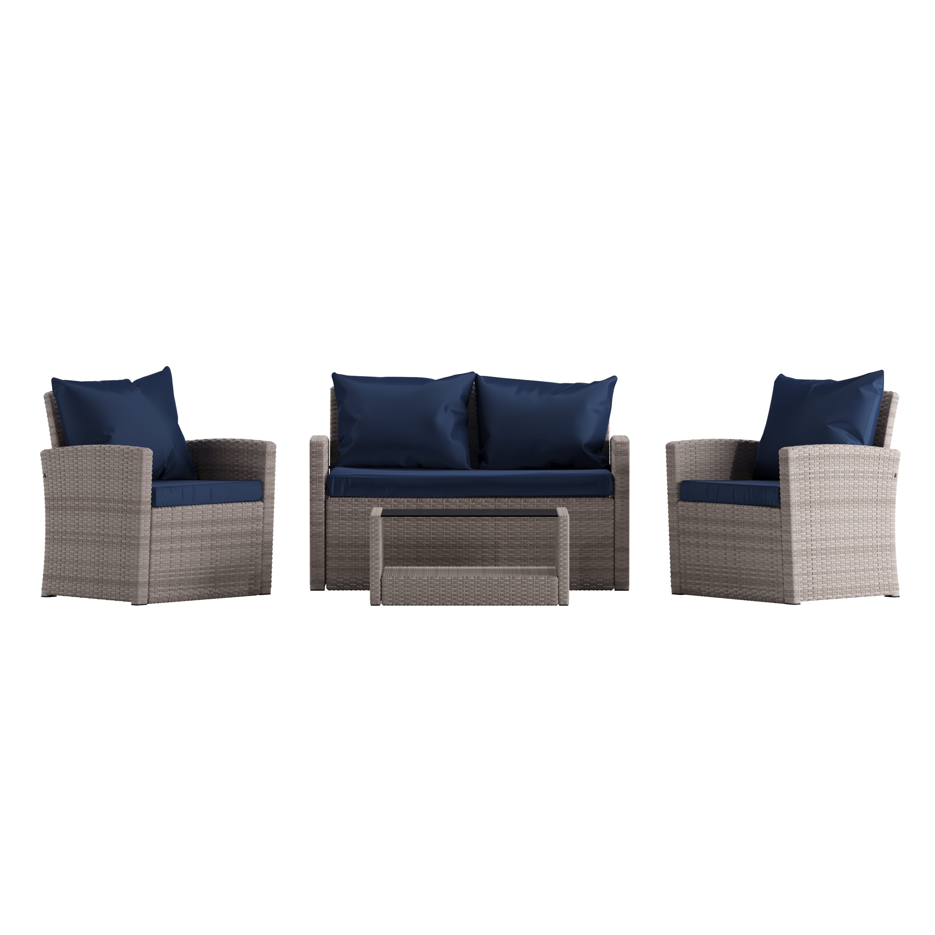 Flash Furniture Aransas Series 4 Piece Light Gray Patio Set with Navy Back Pillows and Seat Cushions