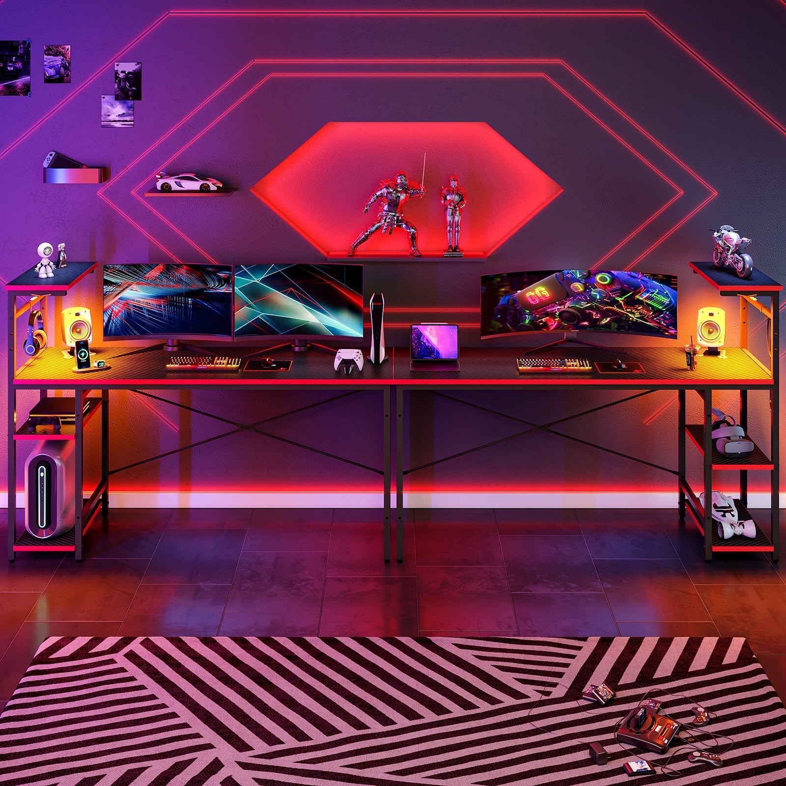 Bestier Reversible 63 inch Gaming Desk Computer Desk with LED Lights 4 Tier Shelves Carbon Fiber