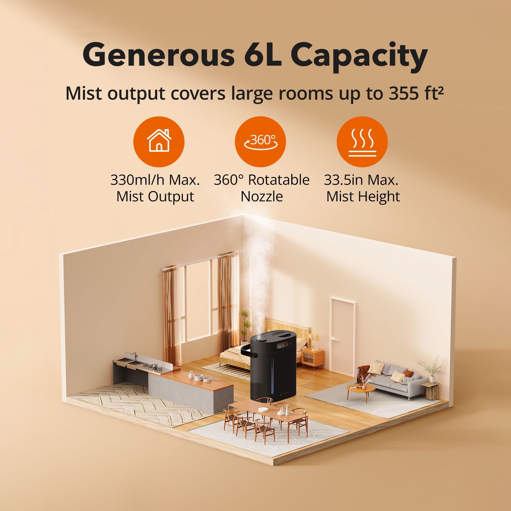 Taotronics 6L Cool Mist Humidifier for Room Home Bedroom, Top Fill Humidifier with Touch Control, Adjustable 3 Mist Outputs, 3 Timers, Sleep Mode, for Office, Black