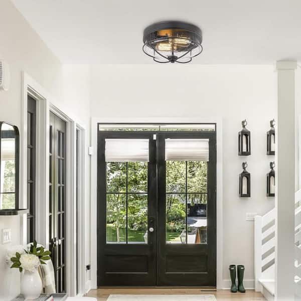 12 in. 2-Light Farmhouse Black Ceiling Light Fixture with Seeded Glass Shade Flush Mount