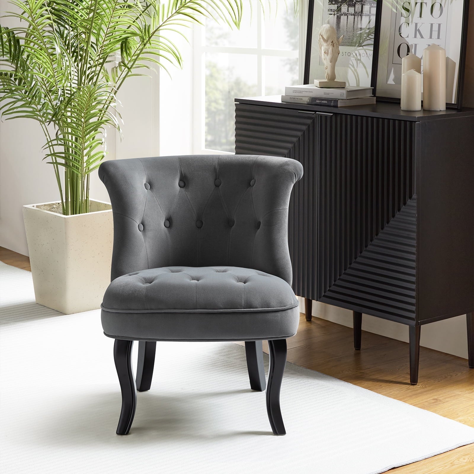 14 Karat Home Velvet Armless Accent Chair Upholstered Button Wooden Legs Bedroom Adult White