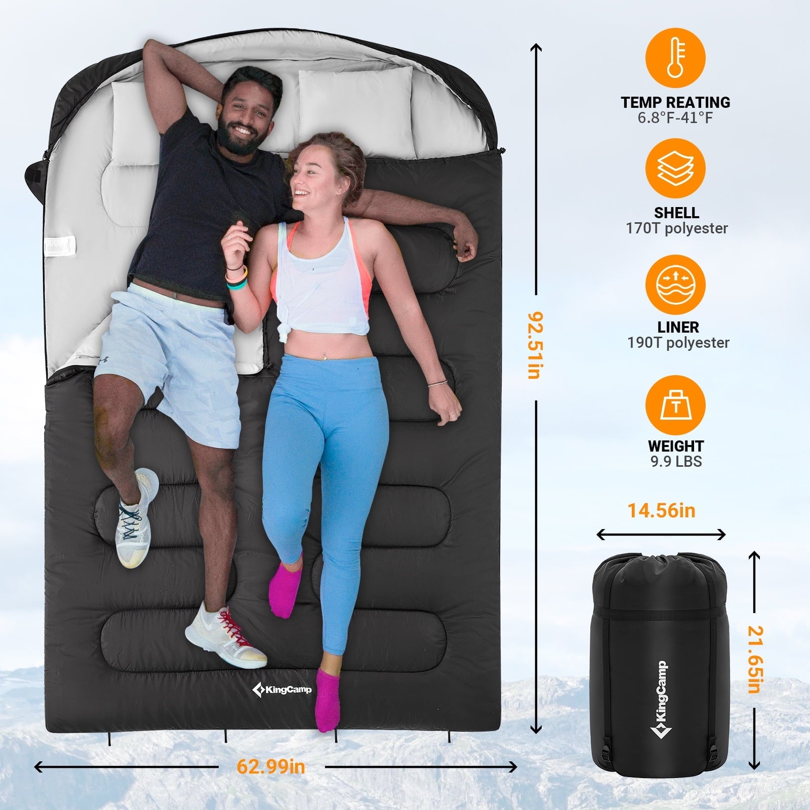 KingCamp Double Sleeping Bag with 2 Pillows for Adult 2 Person 3 Season Camping Sleeping Bag (Black,6.8℉-41℉)