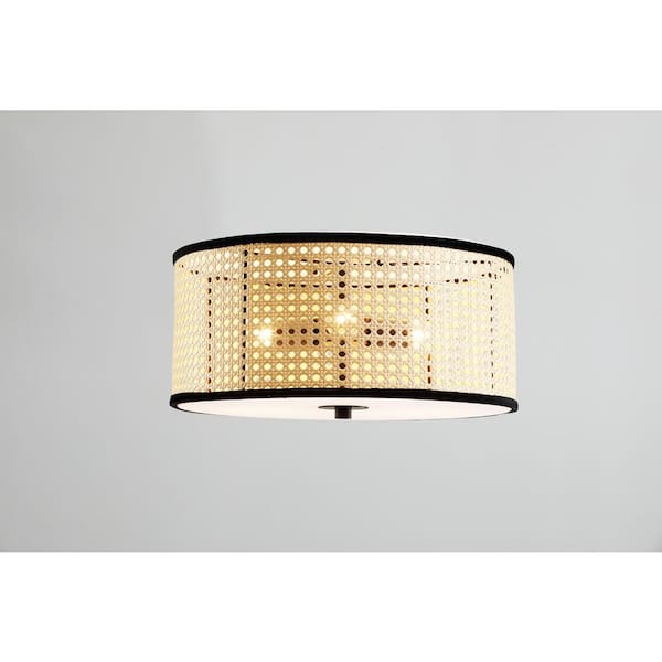 Nakuv 3-Light 15 in. Beige Modern Bohemian Flush Mount Fixture with PVC Rattan Shade and Velvet Stitched Rim