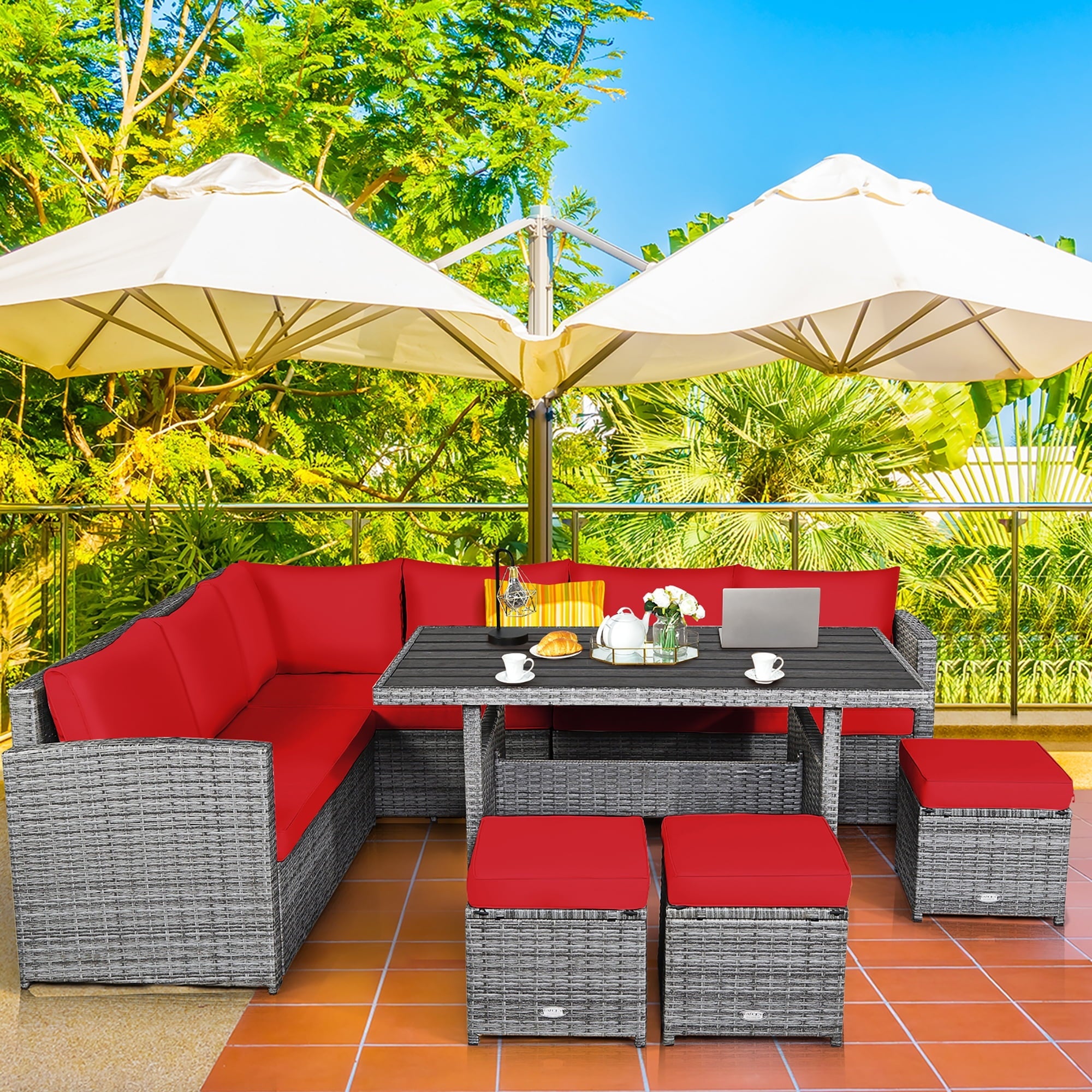 Costway 7 PCS Patio Rattan Dining Set Sectional Sofa Couch Ottoman Garden Red