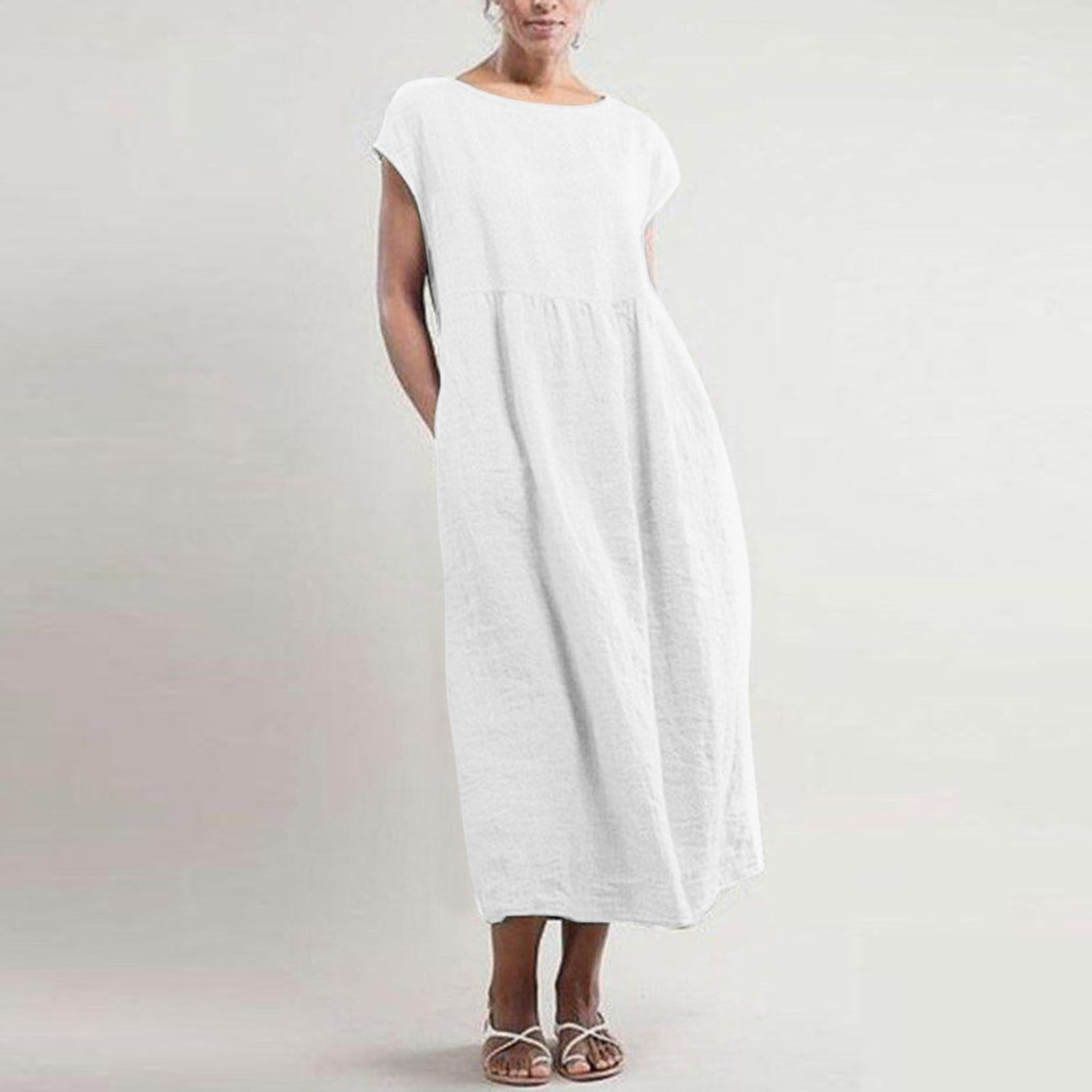 Baggy Kaftan Long Dress for Women Plus Size Linen Dresses Summer Casual Sleeveless Crewneck Pockets Maxi Dress
