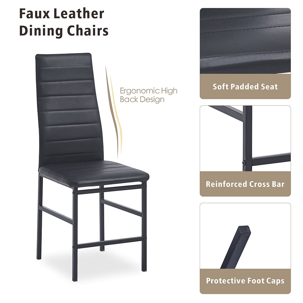 Dining Table Set for 4, 5 Piece Kitchen Table and Chairs with Black Tempered Glass Table Top and 4 Black Faux Leather Metal Frame Chairs,47.2