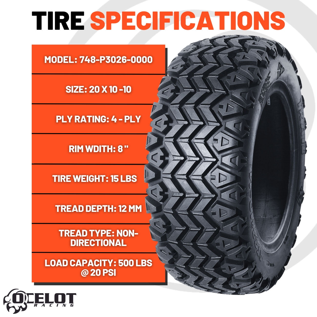 Ocelot 4-Ply A/T Golf Cart Tire EZ-G0 Club Car Yamaha Landmaster 20x10-10 P3026