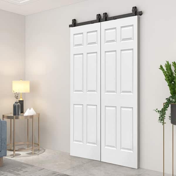 60 in. x 80 in. 6-Panel Primed MDF Composite Double Bi-Fold Barn Door with Sliding Hardware Kit
