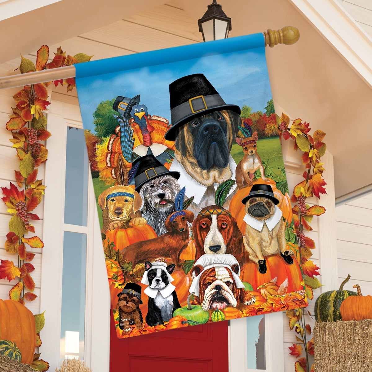 Give Thanks Dogs Thanksgiving House Flag Holiday Humor 28