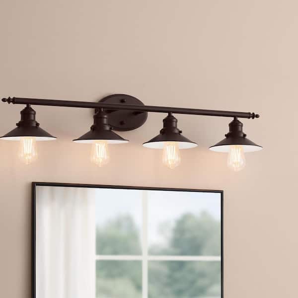 Glenhurst 34 in. 4-Light Industrial Farmhouse Bronze Bathroom Vanity Light Fixture with Metal Shades