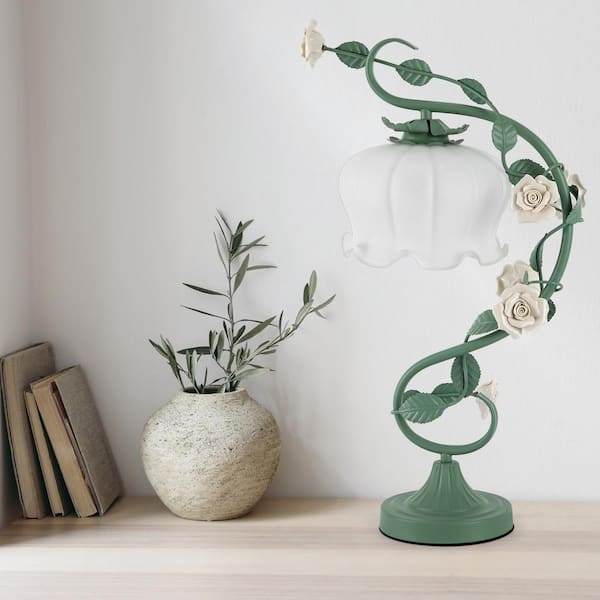 20.5 in. Green Retro Rose Glass Gooseneck Desk Lamp with White Bent Glass Shade