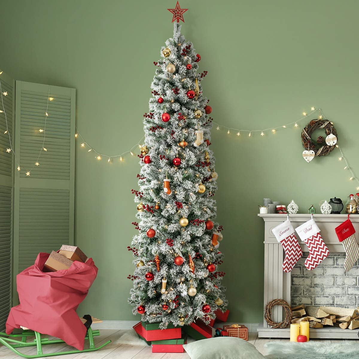 OasisCraft Un-lit 7.5Ft Snow Flocked Artificial Pencil Christmas Tree, Hinged Snowy Slim Xmas Tree Outdoor for Festive Holiday Decoration