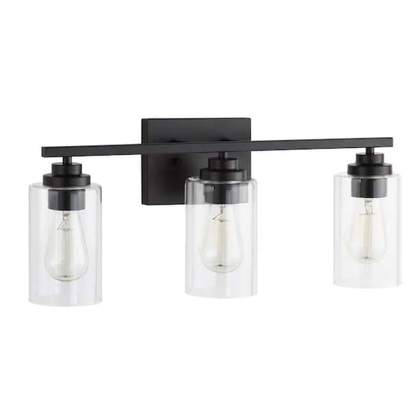 22 in. 3-Light Black Vanity Light with Clear Glass Shade