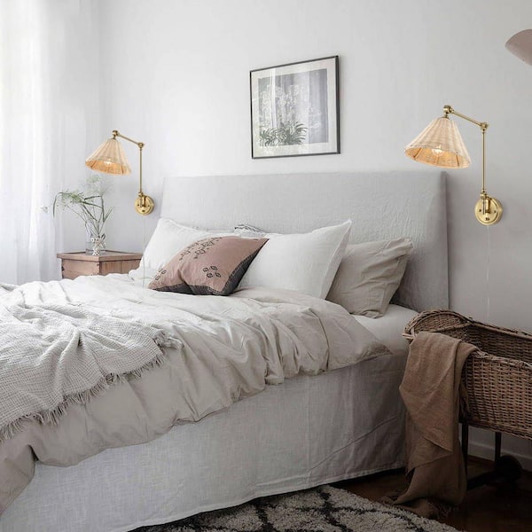 Brass with Rattan Lamp Shade Swing Arm Wall Lamp (Set of 2)