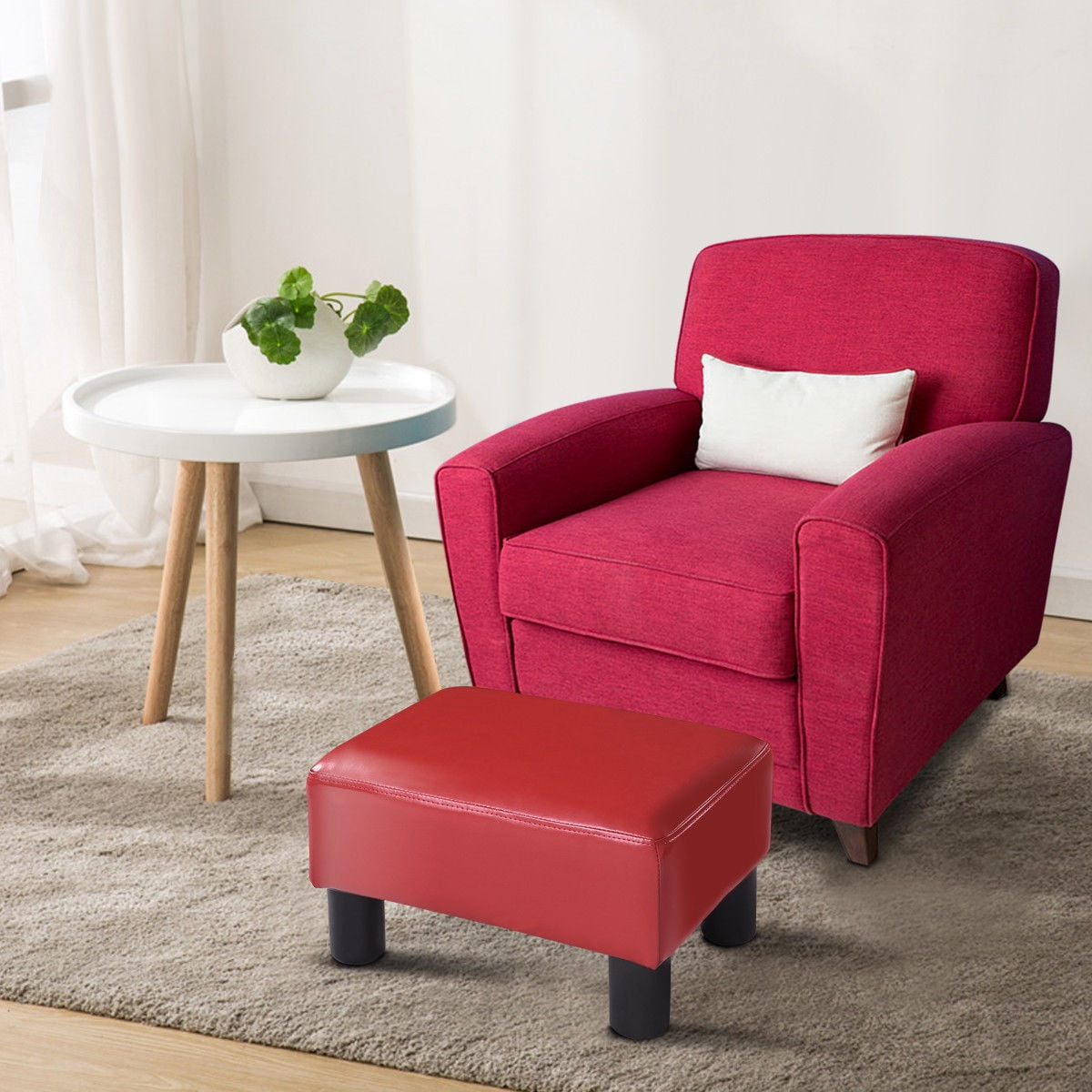Costway Small Ottoman Footrest PU Leather Footstool Rectangular Seat Stool Red