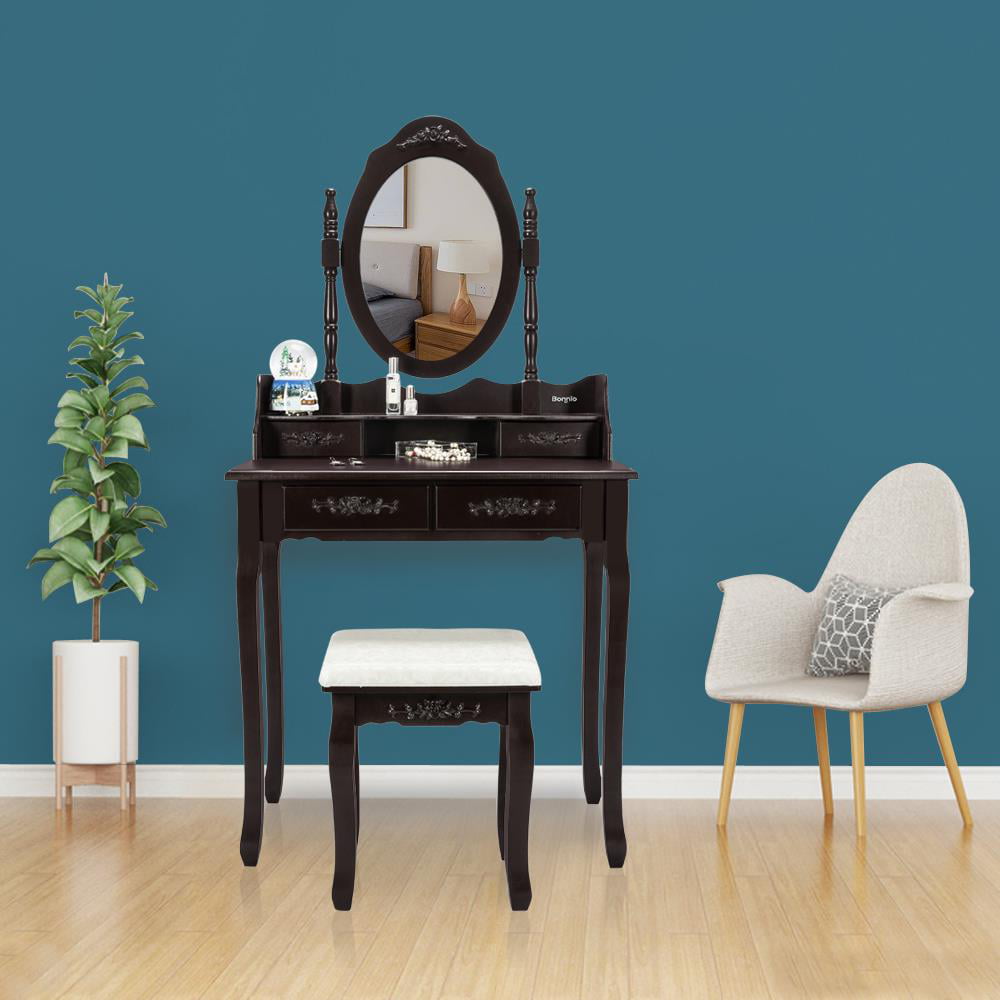 UBesGoo 4 Drawer Vanity Makeup Dressing Table Set w/Stool&Mirror Jewelry Wood Brown