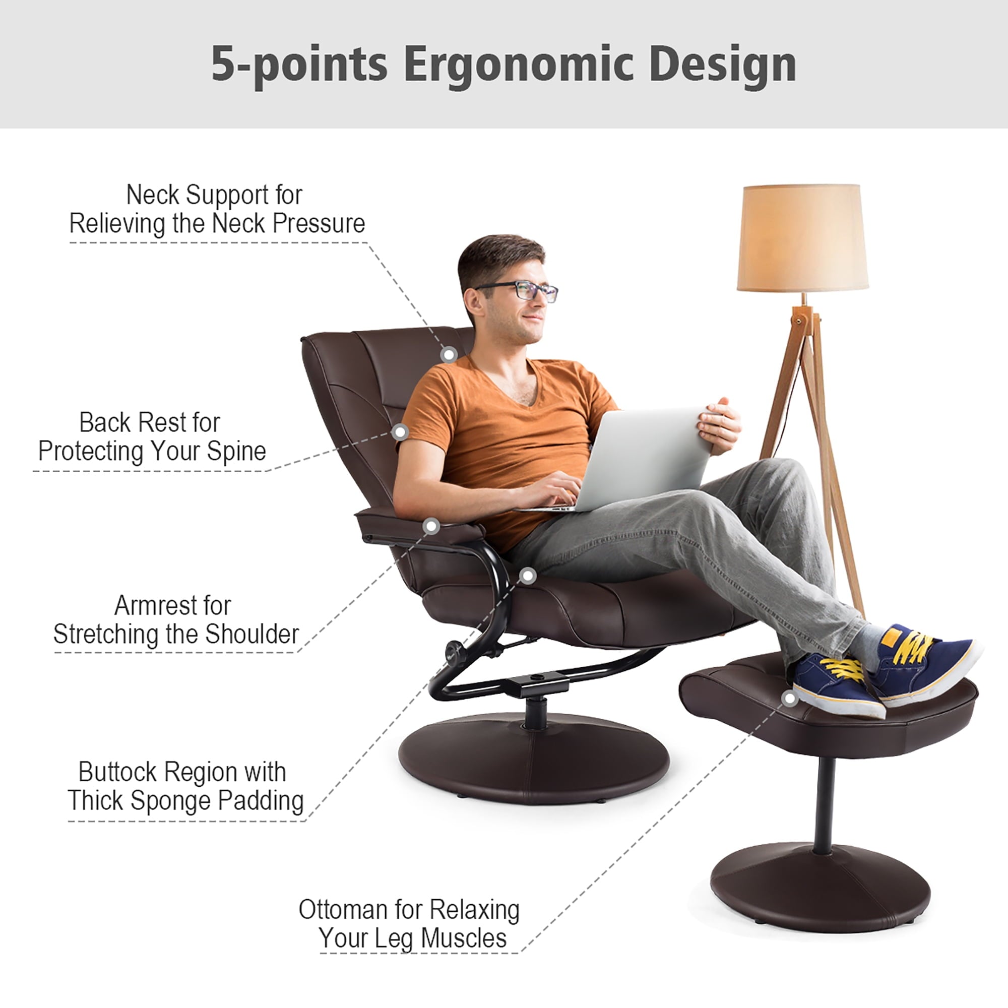 Costway Recliner Chair Swivel PU Leather Lounge Accent Armchair w/ Ottoman Brown