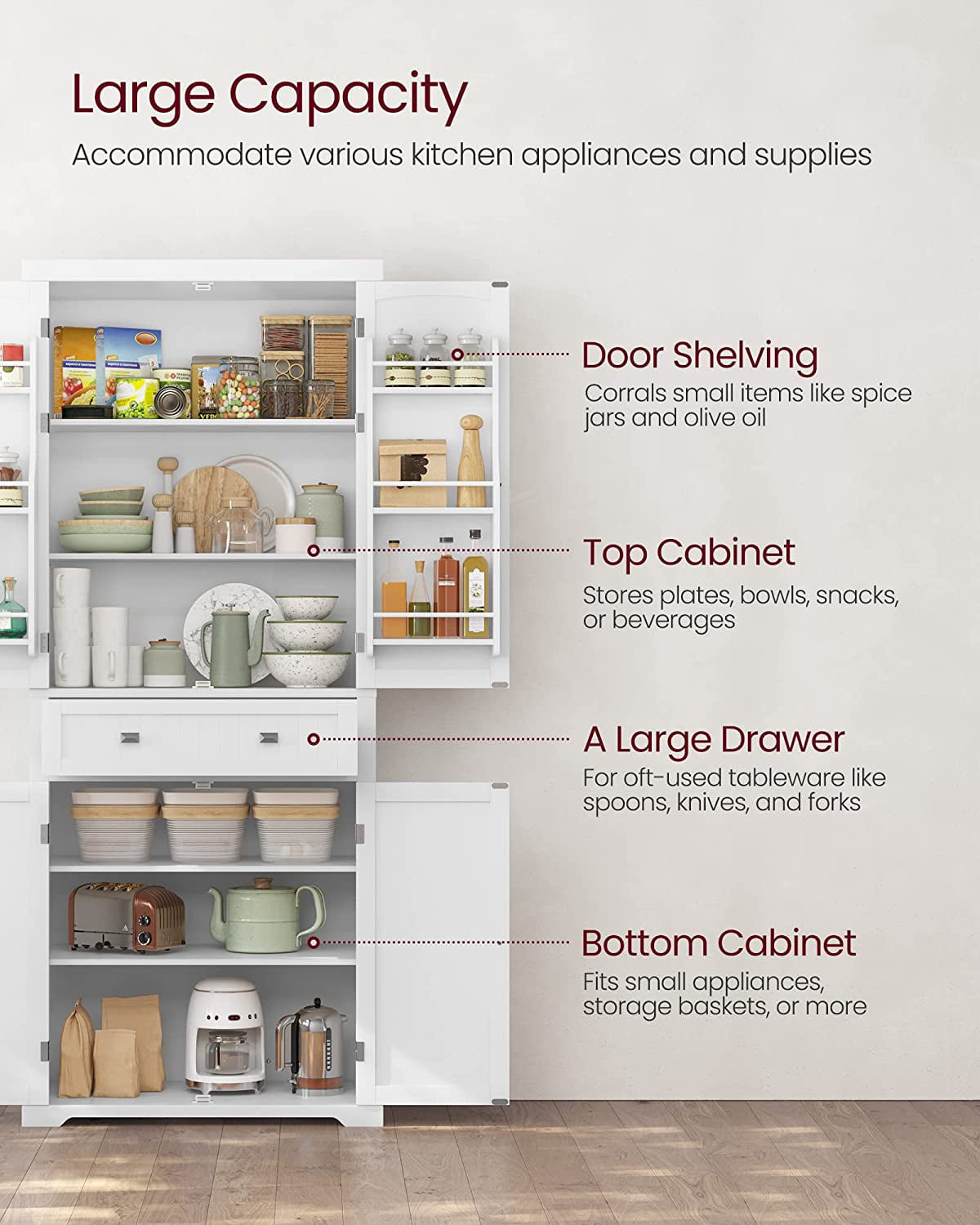 VASAGLE 71.9 Inch Kitchen Pantry Storage Cabinet  Tall Freestanding Cupboard with 1 Large Drawer 6 Hanging Shelves for Dining Room Laundry White